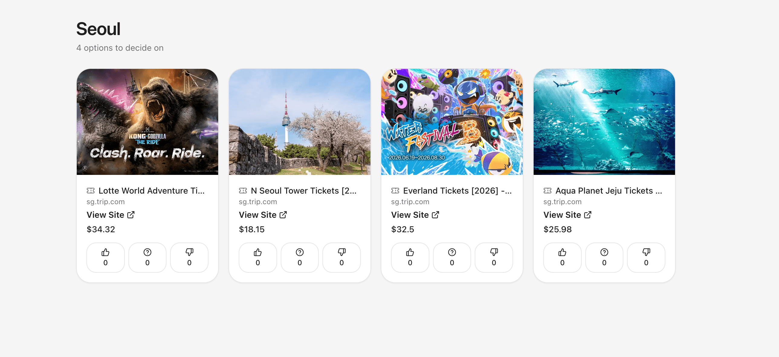 A shared voting page showing several trip activities in Seoul with vote counts